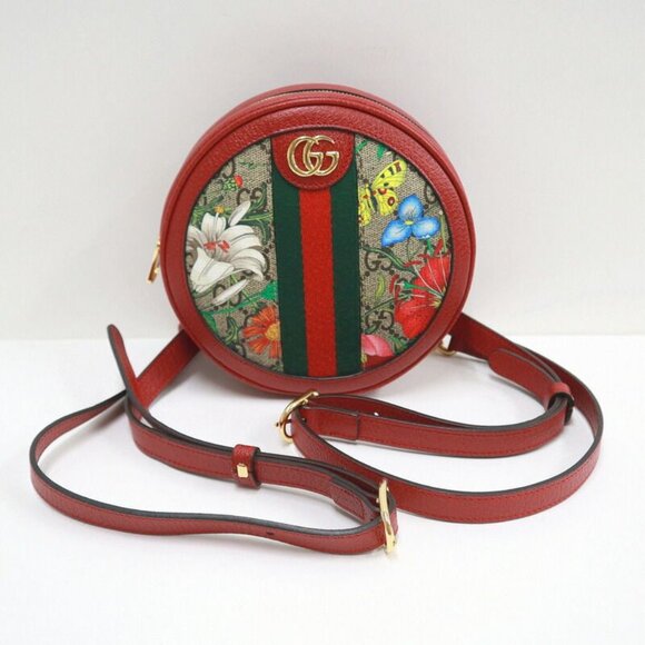 Gucci Mini Circle Backpack Ophidia GG Flora Leather Khaki Red - Picture 2 of 10